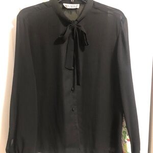 Vintage 1980s Sheer Lanvin Paris Black Classy Bow Blouse New York Designer Top